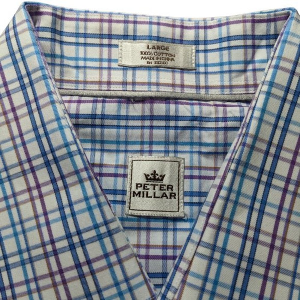 Peter Millar Shirt Mens Large Purple Blue White Plaid Long Sleeve Button Up - Picture 4 of 7